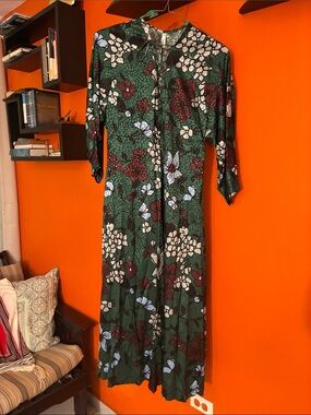 Mango Green Floral Maxi Dress with Burgundy & Cream Accents